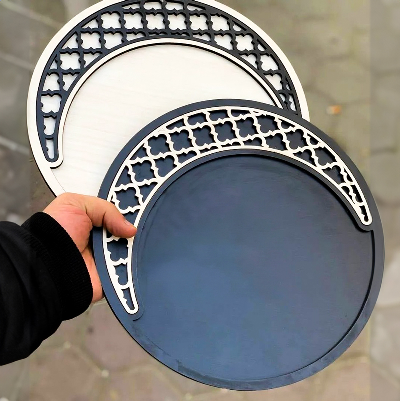 صنية خشب هلال رمضان لتقديم المكسرات والحلويات لاستقبال الضيوف في رمضان