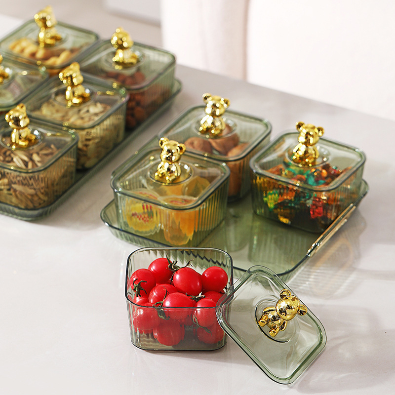 طقم تسالي اكليريك 4 قطع بغطاء دبدوب مع صينية بيد لتقديم الكاندي والمكسرات والشوكلاته بشكل شيك