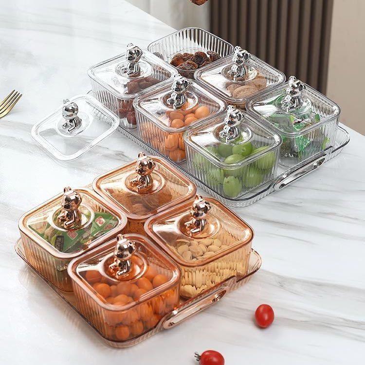 طقم تسالي اكليريك 4 قطع بغطاء دبدوب مع صينية بيد لتقديم الكاندي والمكسرات والشوكلاته بشكل شيك