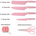 طقم سكاكين 6 قطع ستانليس ستيل بطلاء مانع للالتصاق مع مقص ومسن سكاكين لتقطيع اللحوم والخضروات والفاكهة - بينك