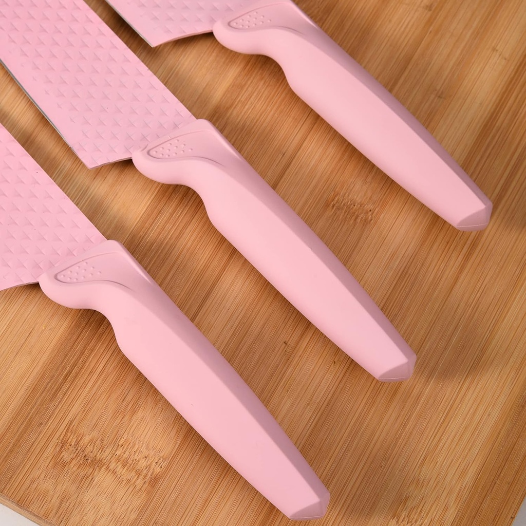 طقم سكاكين 6 قطع ستانليس ستيل بطلاء مانع للالتصاق مع مقص ومسن سكاكين لتقطيع اللحوم والخضروات والفاكهة - بينك