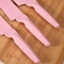 طقم سكاكين 6 قطع ستانليس ستيل بطلاء مانع للالتصاق مع مقص ومسن سكاكين لتقطيع اللحوم والخضروات والفاكهة - بينك