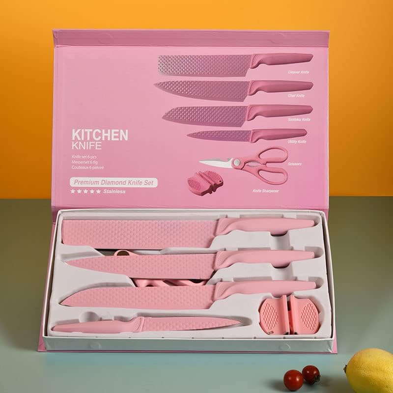 طقم سكاكين 6 قطع ستانليس ستيل بطلاء مانع للالتصاق مع مقص ومسن سكاكين لتقطيع اللحوم والخضروات والفاكهة - بينك