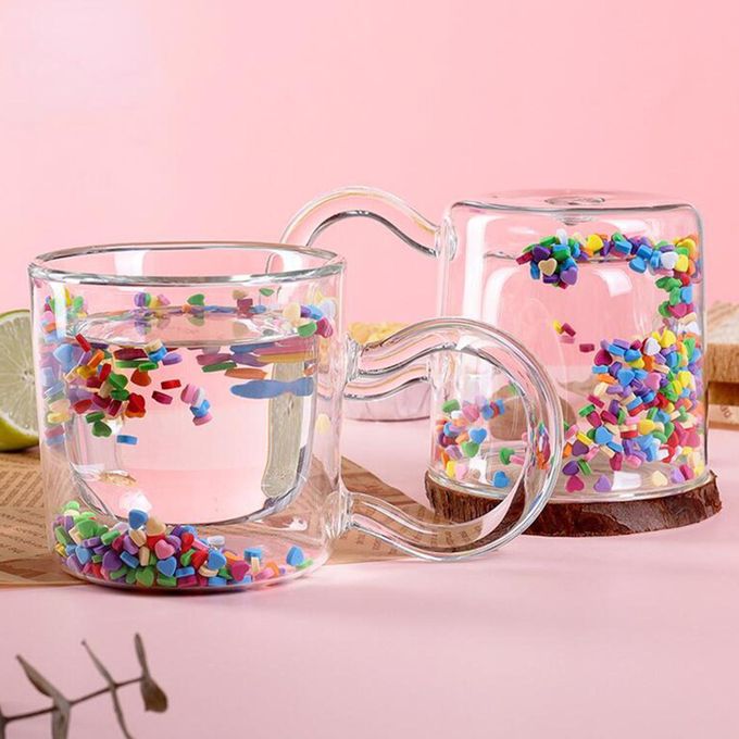 مج دبل جلاس زجاج مزين بقلوب من الداخل 220 مللي بيد مريحة الاستخدام لشرب القهوة والشاي والعصاير