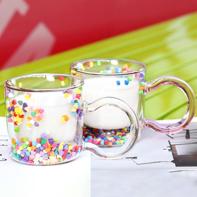 مج دبل جلاس زجاج مزين بقلوب من الداخل 220 مللي بيد مريحة الاستخدام لشرب القهوة والشاي والعصاير