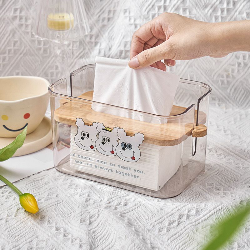 حامل مناديل اكليريك شفاف مع غطاء خشبي مزين باشكال كرتونية مميزة لغرفة النوم او الاطفال