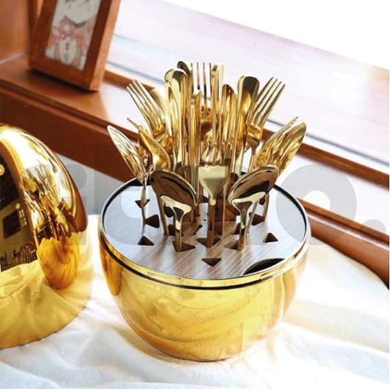 طقم معالق 24 قطعة ستانليس ستيل مع حامل علي شكل بيضة باللون الجولد