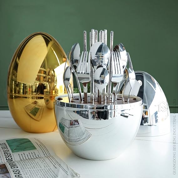 طقم معالق ستانليس ستيل مع حامل علي شكل بيضة باللون السيلفر 24 قطعة 