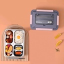 لانش بوكس بصنية ستانلس ستيل مقسمة 4 خانات وغطاء محكم الغلق بجزء شفاف و مزود بمعلقة وستيكس