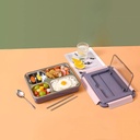 لانش بوكس بصنية ستانلس ستيل مقسمة 4 خانات وغطاء محكم الغلق بجزء شفاف و مزود بمعلقة وستيكس