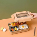 لانش بوكس بصنية ستانلس ستيل مقسمة 4 خانات وغطاء محكم الغلق بجزء شفاف و مزود بمعلقة وستيكس