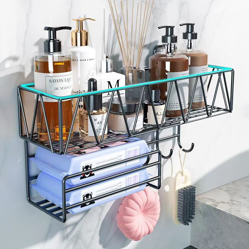 رف معدني 3*1 شماعة 3 هوك وحامل مناديل لحمل وتنظيم أدوات المطبخ والحمام كالشامبو وزجاجات الزيت والخل