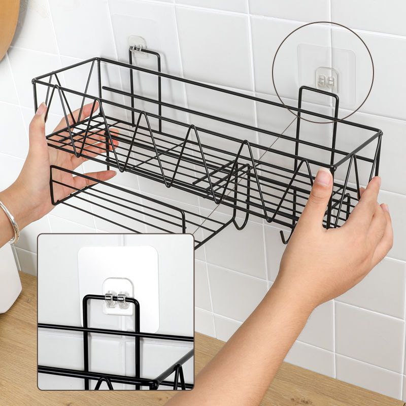 رف معدني 3*1 شماعة 3 هوك وحامل مناديل لحمل وتنظيم أدوات المطبخ والحمام كالشامبو وزجاجات الزيت والخل