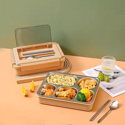 لانش بوكس بصنية ستانلس ستيل مقسمة 5 خانات وغطاء محكم الغلق بجزء شفاف و مزود بمعلقة وستيكس