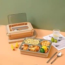 لانش بوكس بصنية ستانلس ستيل مقسمة 5 خانات وغطاء محكم الغلق بجزء شفاف و مزود بمعلقة وستيكس