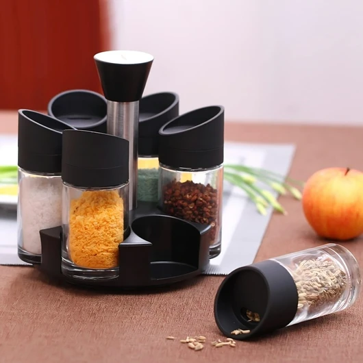 طقم توابل اكليريك شفاف 6 قطع بحامل دوار استانلس ستيل للملح والفلفل الاسود والكمون