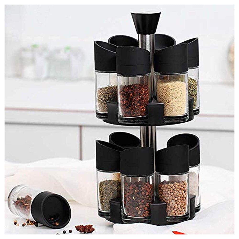 طقم توابل دورين 6 قطع اكليريك شفاف بحامل دوار استانلس ستيل للملح والفلفل الاسود