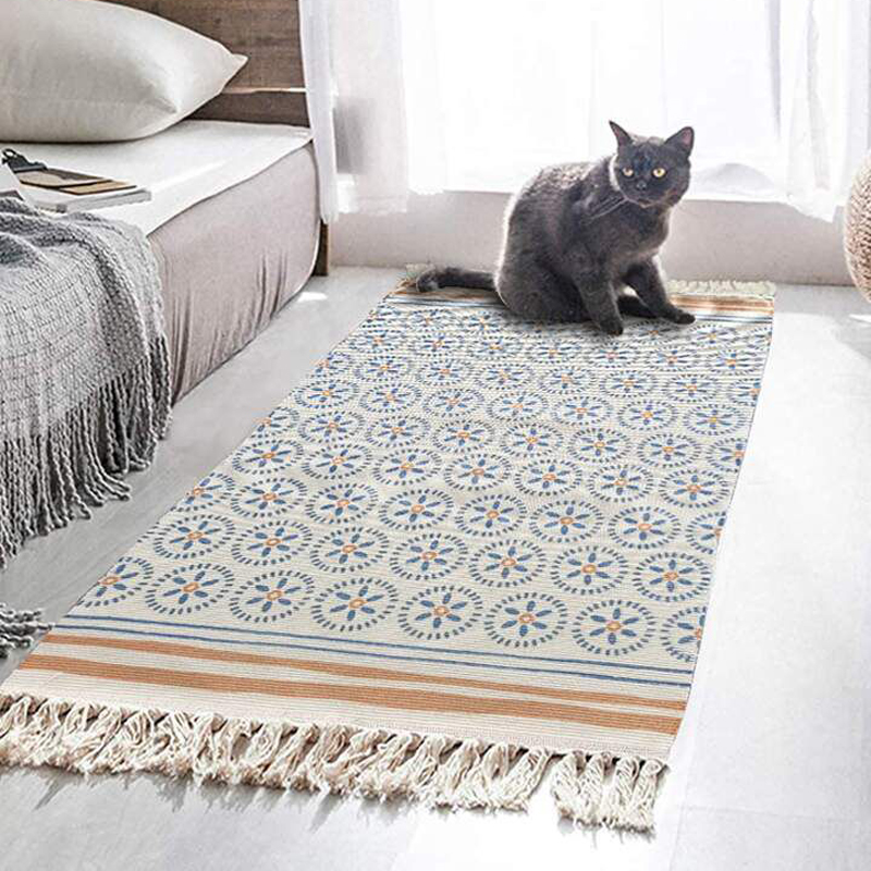 كليم كتان منقوش بطابع بوهيمي مناسبة لغرفة النوم والمعيشة والمطبخ مقاس 90*60 سم