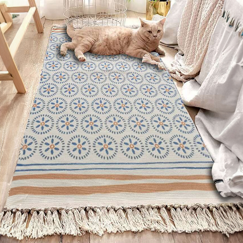 كليم كتان منقوش بطابع بوهيمي مناسبة لغرفة النوم والمعيشة والمطبخ مقاس 90*60 سم