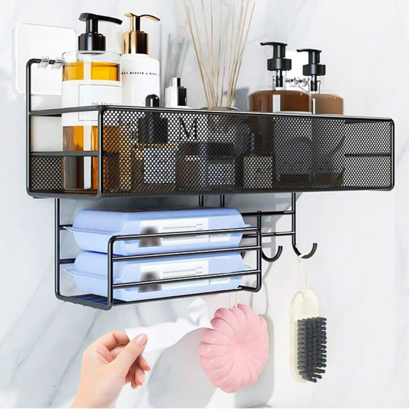 رف معدني 3*1 لحمل وتنظيم أدوات المطبخ والحمام بشماعة 3 هوك وحامل مناديل