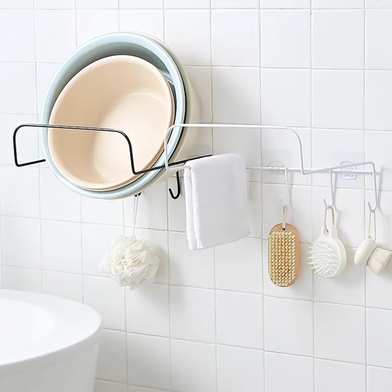 حامل معدن يعلق عي الحائط مع 4 هوك لحمل الاطباق البلاستيكية والفوط والليف  في الحمام او المطبخ