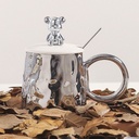 مج سيراميك سيلفر بغطاء دبدوب ومعلقة استانليس ستيل 300 ملي لشرب النسكافيه والكابتشينو والايس كوفي بيد