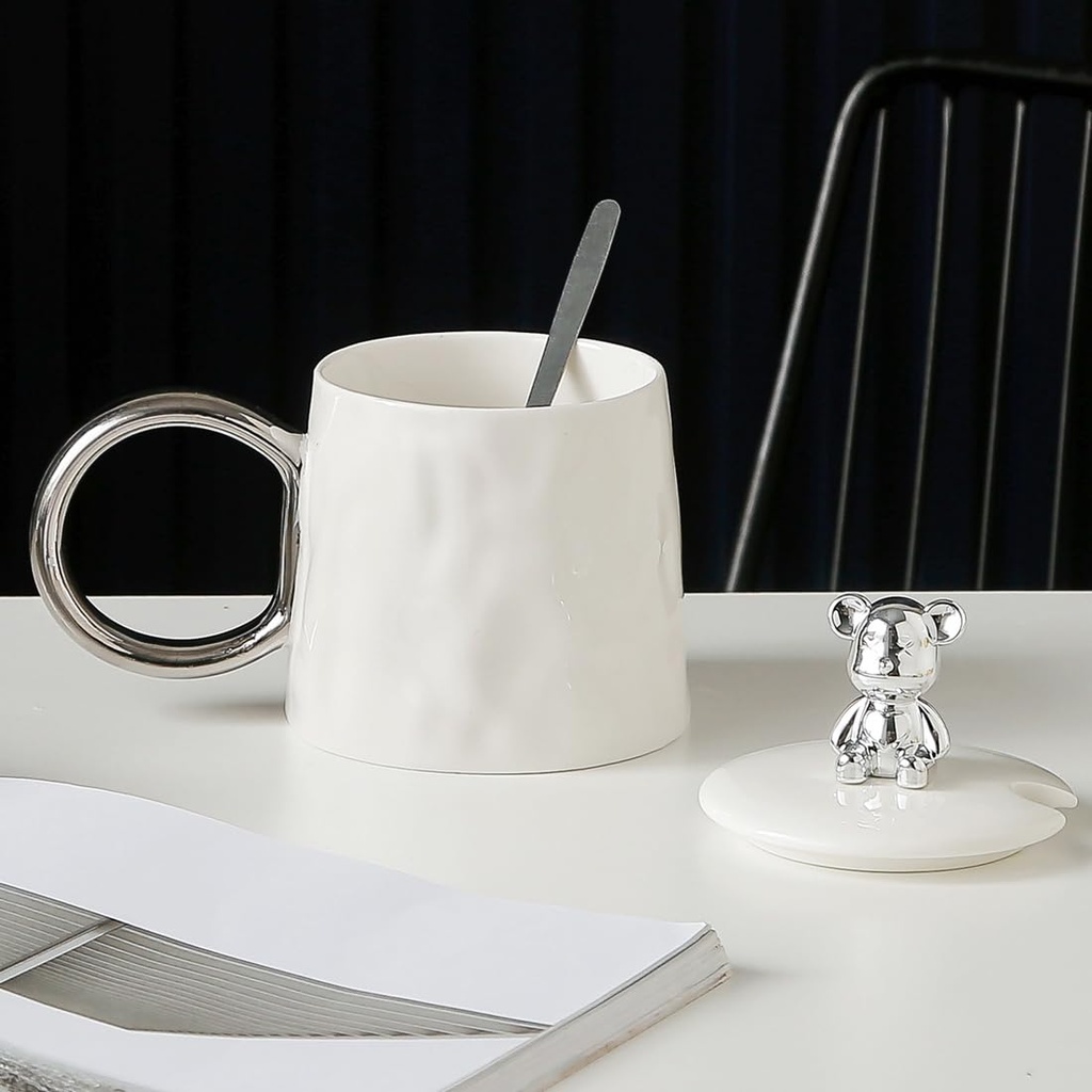 مج سيراميك بغطاء دبدوب ومعلقة استانليس ستيل 300 ملي لشرب النسكافيه والكابتشينو والايس كوفي بيد