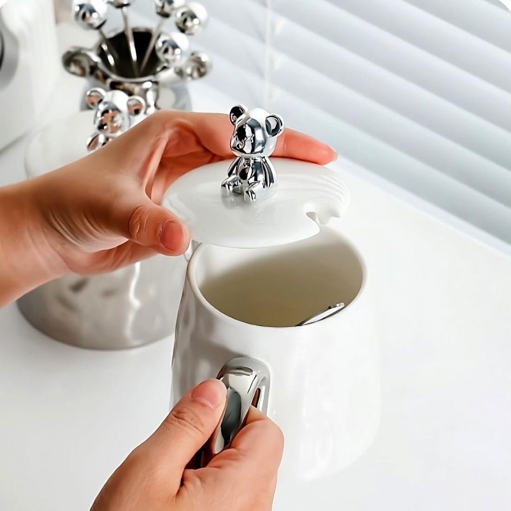 مج سيراميك بغطاء دبدوب ومعلقة استانليس ستيل 300 ملي لشرب النسكافيه والكابتشينو والايس كوفي بيد