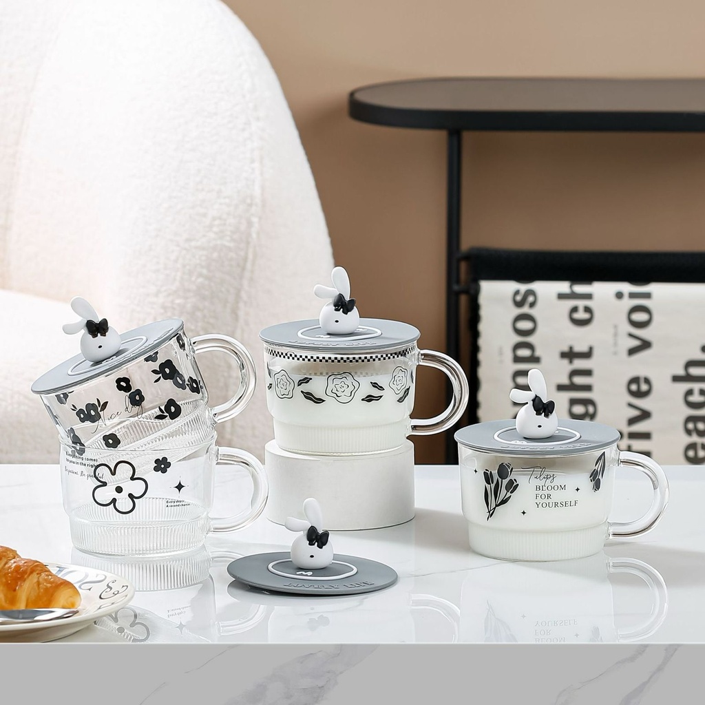 مج زجاج 500 ملي بغطاء سيليكون أرنوب 500 ملي للهوت شوكلت والكورن فليكس والفروت سلات والرمان بيد