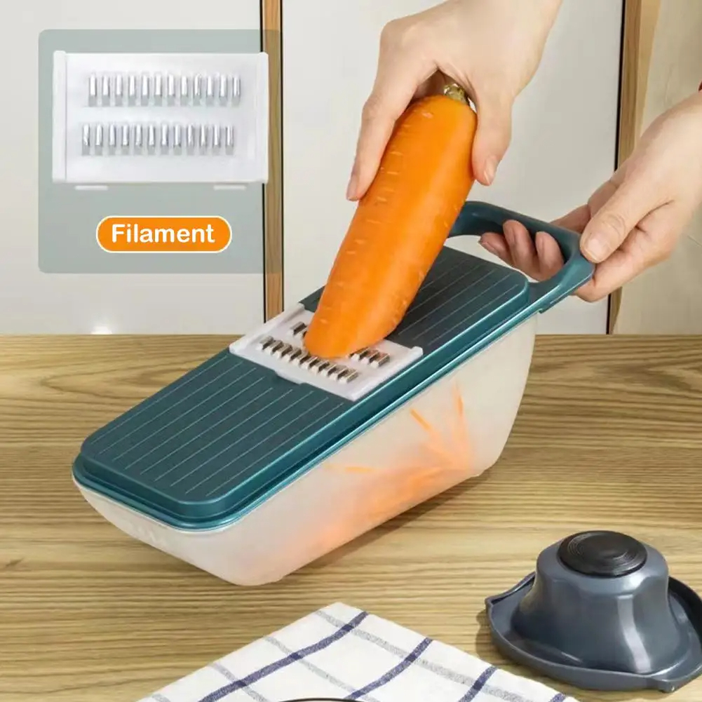 قطاعة ومبشرة يدوية للخضراوات والفواكه والجبن 5 رؤوس مع صفاية وعلبة عملية وسهلة الاستخدام بيد