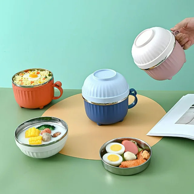 لانش بوكس 3 في 1 استانليس ستيل من الداخل حافظ للحرارة بمعلقة لسهولة تناول الطعام للدراسة والعمل