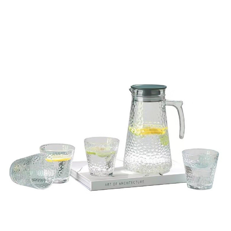 طقم شفشفق و 4 اكواب زجاج جولد منقرش بيد و غطاء لتقديم العصائر و المشروبات الرمضانية في العزومات