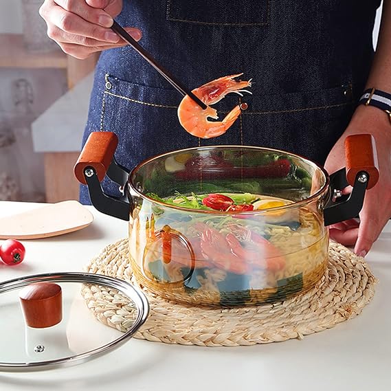 حلة بايركس شفاف 3 لتر بيد و مقبض غطاء خشب لتحضير الطعام بشكل صحي
