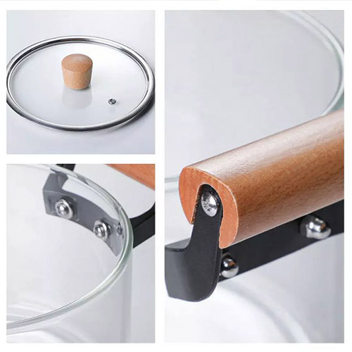 حلة بايركس شفاف 3 لتر بيد و مقبض غطاء خشب لتحضير الطعام بشكل صحي