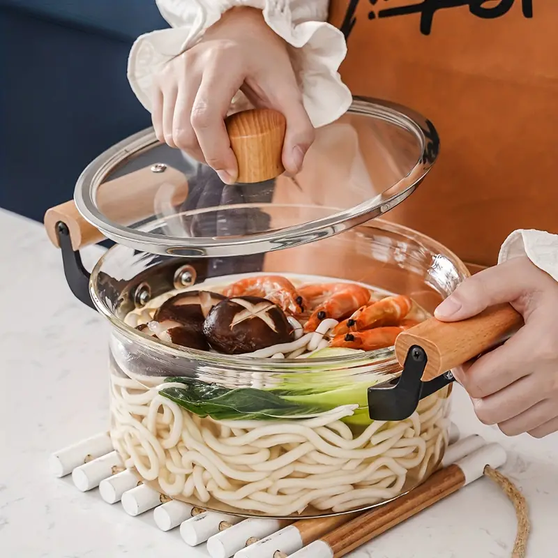 حلة بايركس شفاف 3 لتر بيد و مقبض غطاء خشب لتحضير الطعام بشكل صحي