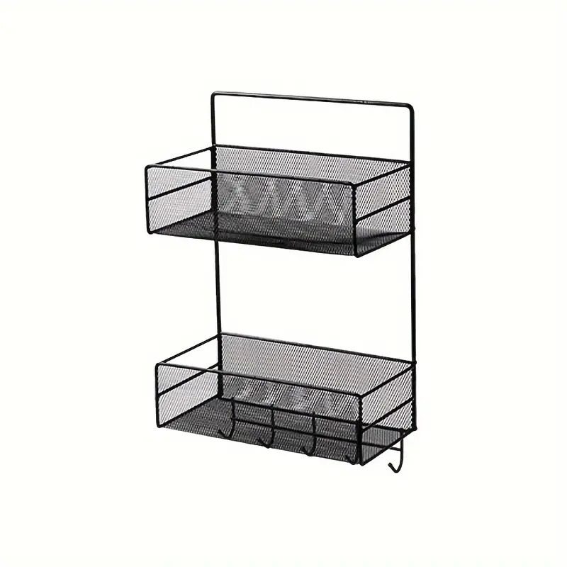 رف معدني 2 دور مزود ب 5 هوك لتنظيم ادوات المطبخ و الحمام يأتي مع دبل فيس لتعليقه علي الحائط