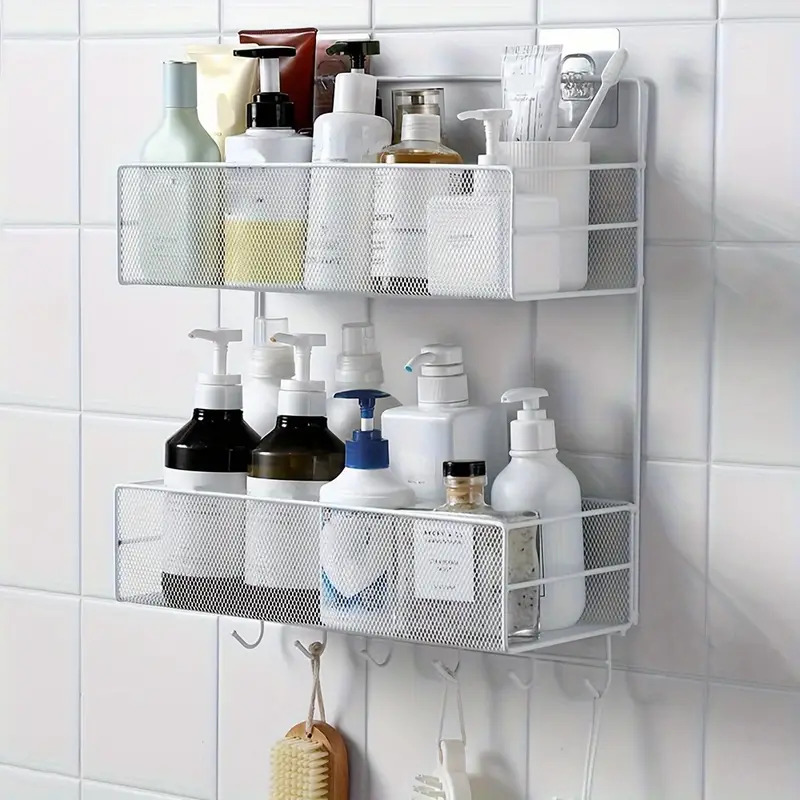 رف معدني 2 دور مزود ب 5 هوك لتنظيم ادوات المطبخ و الحمام يأتي مع دبل فيس لتعليقه علي الحائط