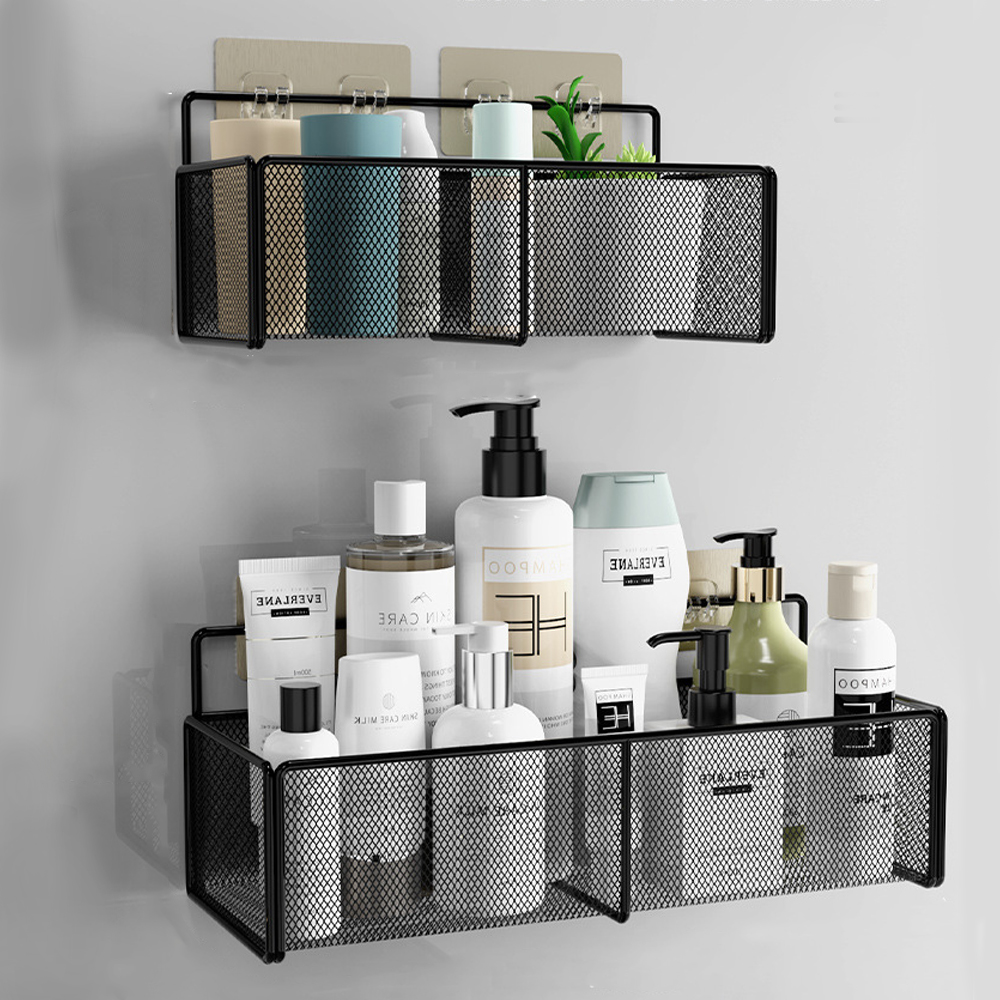 رف معدني شبك لحمل وتنظيم أدوات المطبخ والحمام مزود بدبل فيس قوي لسهولة التعليق