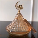 تمرية زجاج منقرش بغطاء مزين بهلال ونجمة لحمل وتقديم التمر والمكسرات والكاندي للضيوف