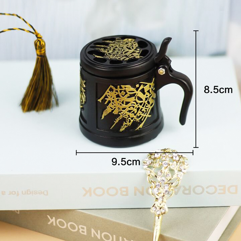 مبخرة  ميني علي شكل براد مزينة بحروف عربية  مميزة بيد و طبق ستانليس ستيل جولد لتعطير المنزل بشكل مختلف