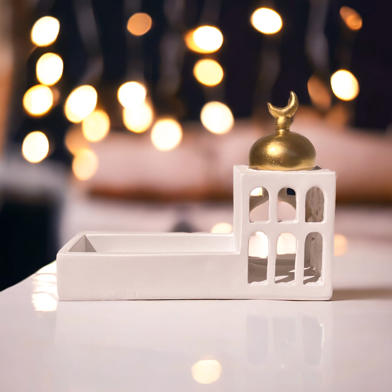 شمعدان و تمرية علي شكل مسجد لتقديم التمر و المكسرات لديكور رمضاني مميز من الجبس