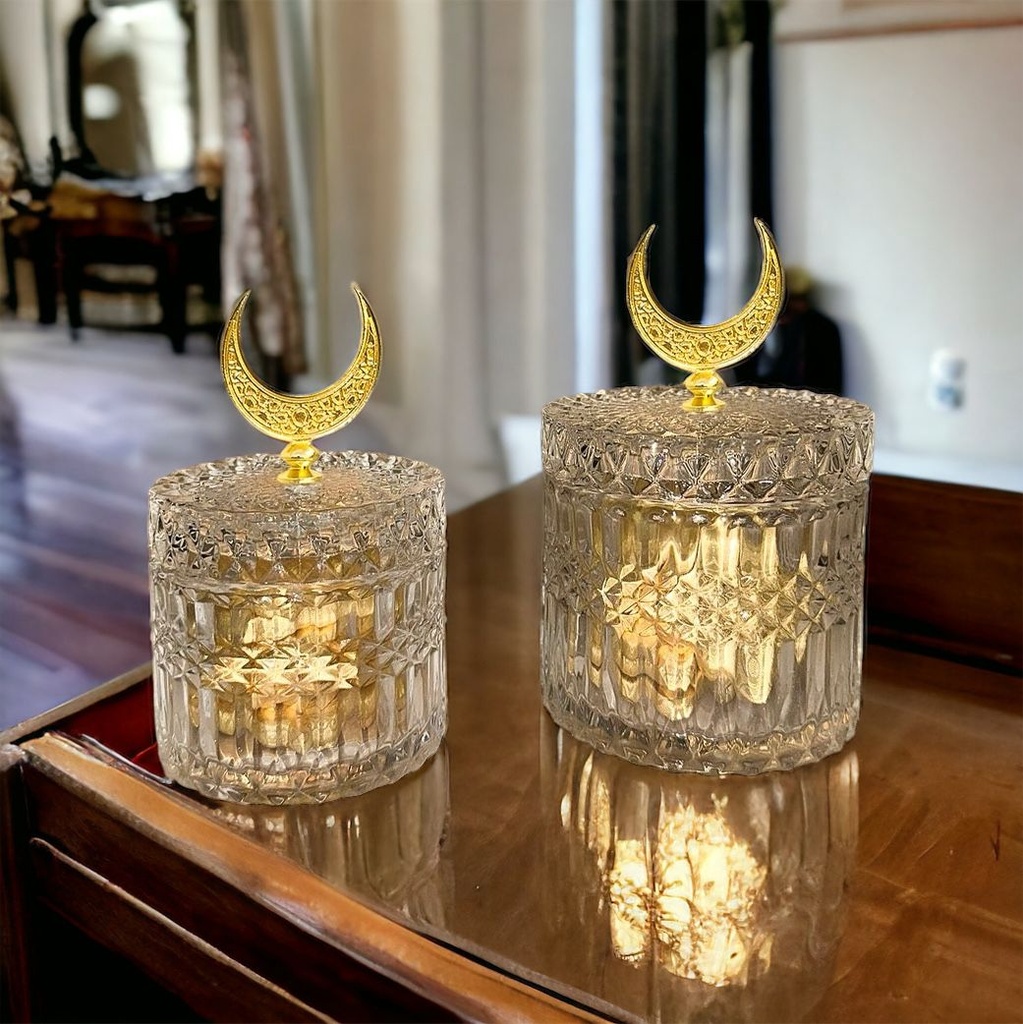 تمرية كريستال بغطاء مزين بهلال رمضان لحمل وتقديم التمر والمكسرات والكاندي للضيوف بشكل شيك