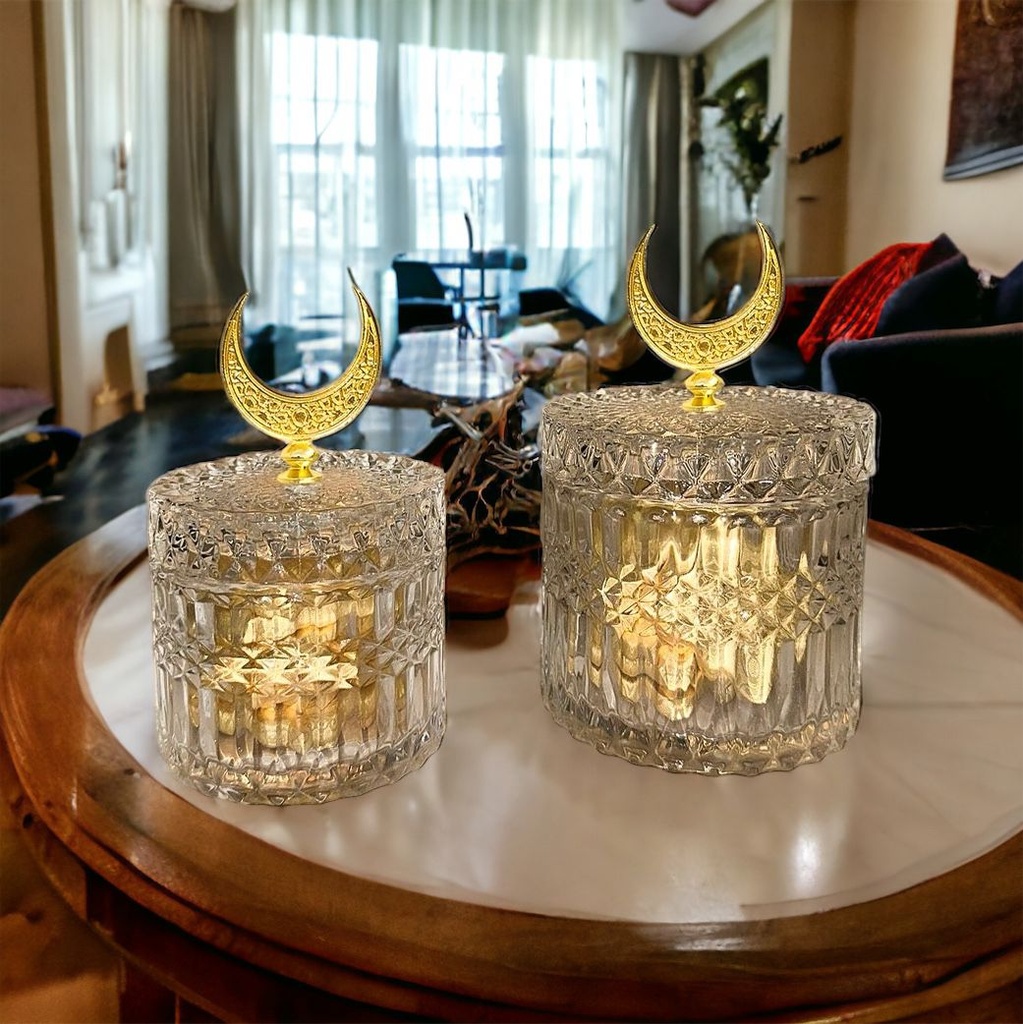 تمرية كريستال بغطاء مزين بهلال رمضان لحمل وتقديم التمر والمكسرات والكاندي للضيوف بشكل شيك