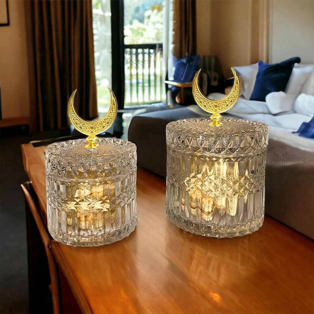 تمرية كريستال بغطاء مزين بهلال رمضان لحمل وتقديم التمر والمكسرات والكاندي للضيوف بشكل شيك