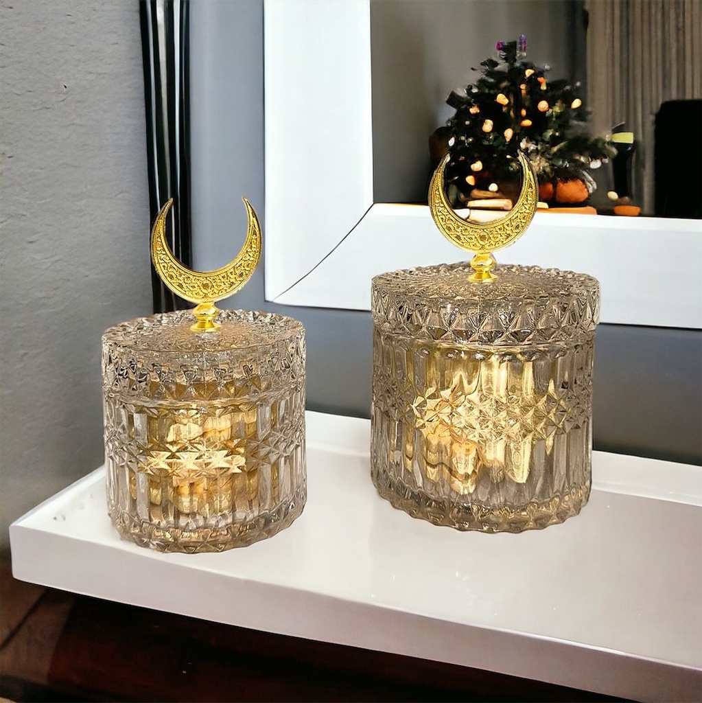 تمرية كريستال بغطاء مزين بهلال رمضان لحمل وتقديم التمر والمكسرات والكاندي للضيوف بشكل شيك