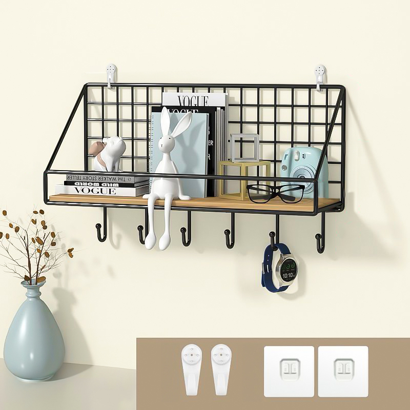 رف معدن لتنظيم وحمل ادوات المطبخ والحمام مزود ب 6 هوك ولزق دبل فيس قوي لسهولة التعليق