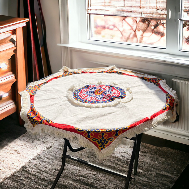 مفرش سفره  كتان مزين بخياميه رمضان لاستقبال الشهر الكريم