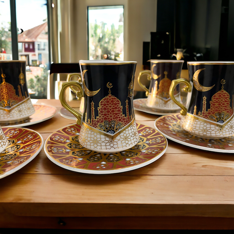 طقم شاي استكانة 12 قطعة مزين برسومات رمضانية مميزة من البورسلين