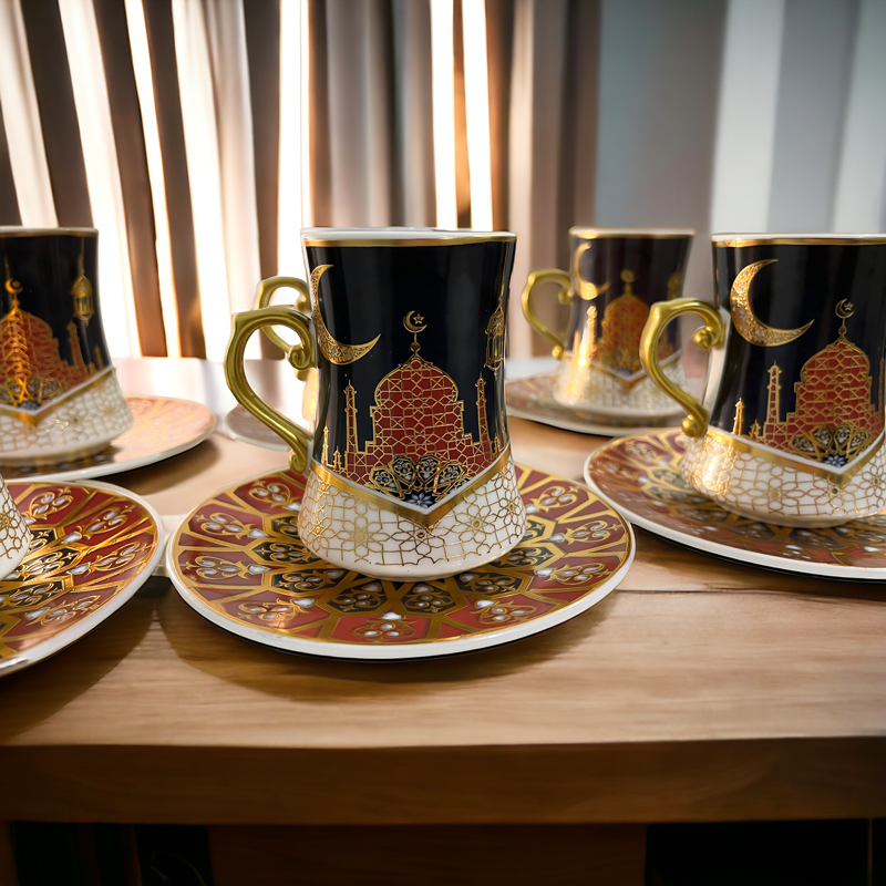 طقم شاي استكانة 12 قطعة مزين برسومات رمضانية مميزة من البورسلين