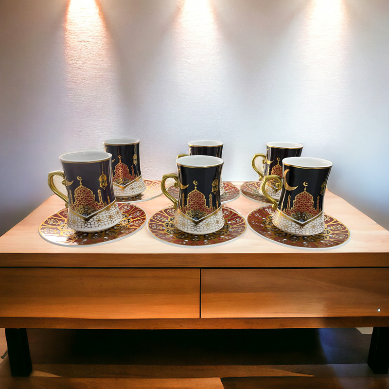 طقم شاي استكانة 12 قطعة مزين برسومات رمضانية مميزة من البورسلين